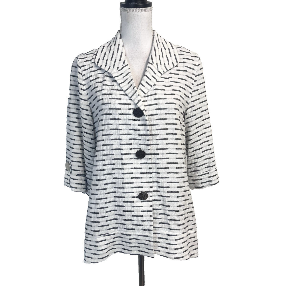 JM Collection Artsy Blazer Jacket sz Small Ivory Black Stretch Career Lagenlook